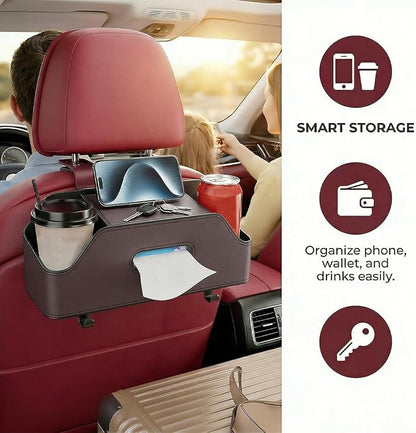 Car Backseat Headrest Organizer, Multifunctional 4-in-1 Back Seat Tissue Box with Cup Holders Hooks, Auto Seat Back Storage Organizer for Hold Phones, Drinks, Bags, Universal Fit (Brown)