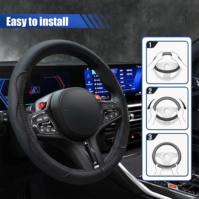 Car Steering Wheel Cover, 15 Inch Leather Anti-Slip Breathable Automotive Steering Wheel Protector, Universal Heat Resistant Vehicle Interior Accessories Cars, SUVs, Trucks (Blackline)