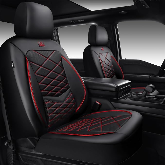 CAR PASS Luxury Nappa Leather Front Seat Covers, Water Resistant 3D Foam Seat Covers with Lumbar Support, Breathable Auto Seat Cover Airbag Compatible Universal Fit for Sedan SUV Van Truck, Black Red
