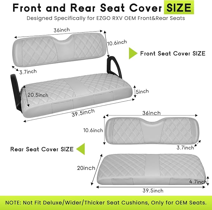 Full Set Golf Cart Seat Covers for EZGO RXV OEM, Grey | Front & Rear Set (2-Piece), Premium Vinyl Leather Replacement Standard Cushion Covers, No Tools Needed & Easy to Clean