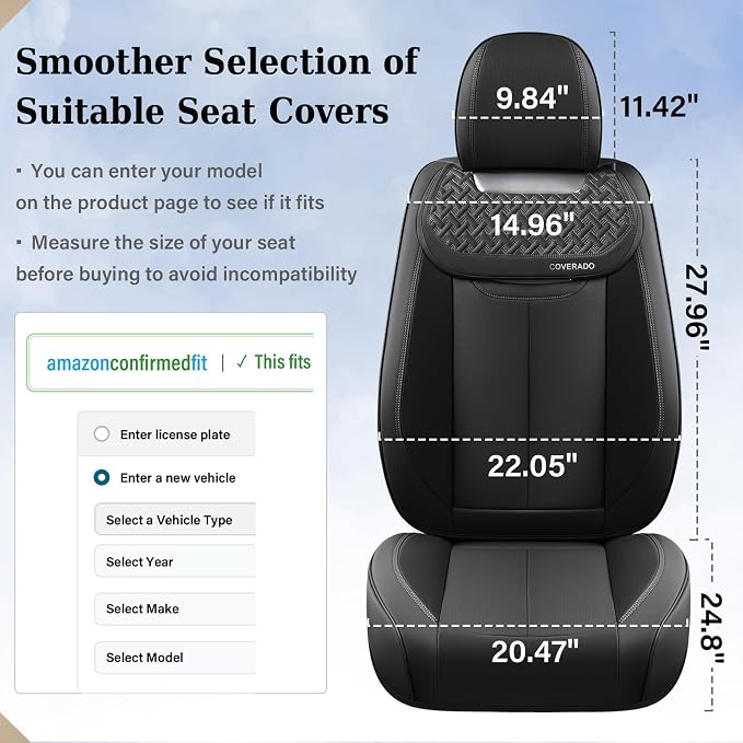 Coverado Car Seat Covers Full Set, Luxury Nappa Leather Seat Cover, Universal Seat Covers for Cars, Front and Back Waterproof Seat Cover Car Seat Protector Fit for Most Cars(Black)