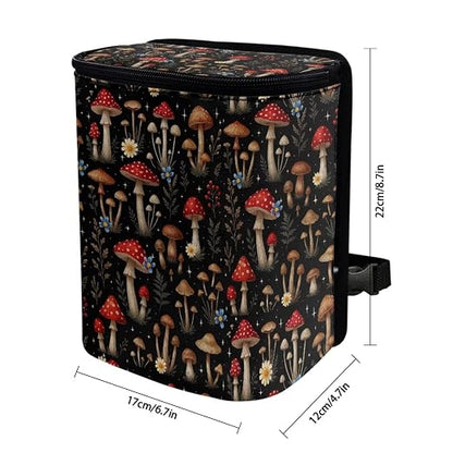 Vibrant Mushroom Floral Pattern Car Trash Can with Lid and Zipper Portable Foldable Trash Bin for Car Interior Accessories Multipurpose Garbage Can Bags Storage Organizer