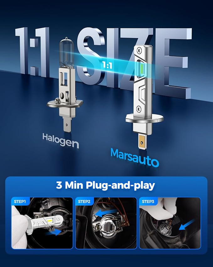 Marsauto H1 Fog Light Bulb, 600% High Bright H1 Fog Lights, 6500K White Strong Penetration, 60000 HRS+ Lifespan, Upgraded 1:1 Mni Size Led Bulb for Car, Truck, SUV, Side Marker & Parking Light Combos