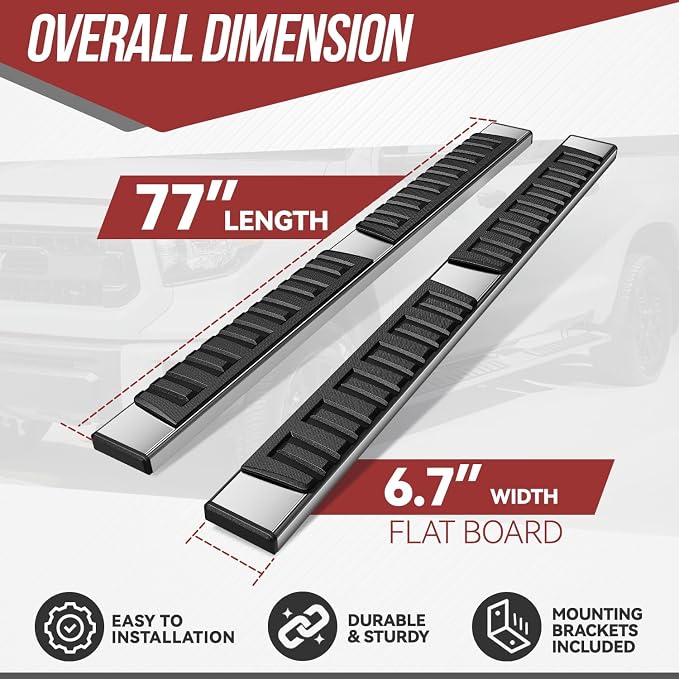 6.75 inch Running Boards Compatible with 2007-2019 Chevy Silverado GMC Sierra 1500 2500 HD 3500 HD Double Cab Extended Cab Side Step Bars Stainless Steel