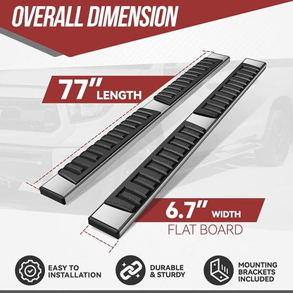 6.75 inch Running Boards Compatible with 2007-2019 Chevy Silverado GMC Sierra 1500 2500 HD 3500 HD Double Cab Extended Cab Side Step Bars Stainless Steel