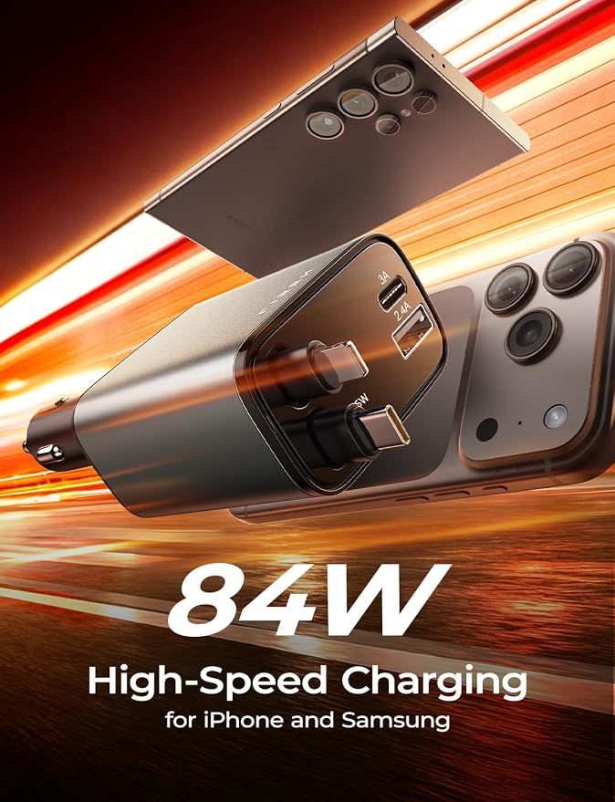 LISEN Retractable Car Charger, 84W Car Charger USB C Fast Charger, Cigarette Lighter USB Charger Adapter, Car Accessories Birthday Gifts for Men Women Dad Mom Husband, for iPhone 17 16 15 14 13 12 11