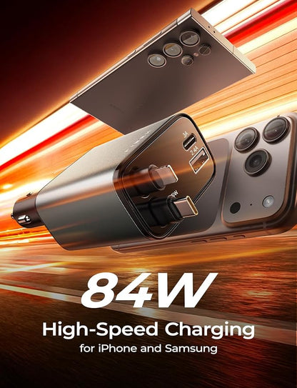LISEN Retractable Car Charger, 84W Car Charger USB C Fast Charger, Cigarette Lighter USB Charger Adapter, Car Accessories Birthday Gifts for Men Women Dad Mom Husband, for iPhone 17 16 15 14 13 12 11