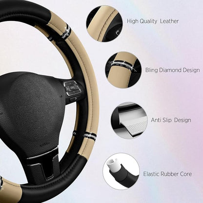 Road Comfort Leather Steering Wheel Cover – Premium Anti-Slip Car Steering Wheel Grip Cover – Universal Fit for 14.5”–15” Cars, Trucks & SUVs - Beige