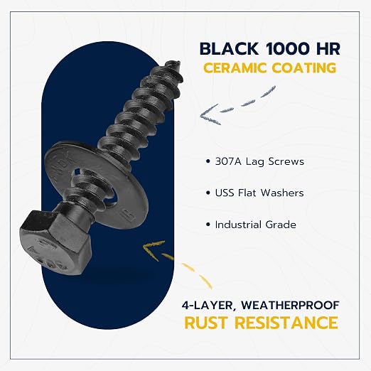 3/8 x 1-1/2 (50 Pack) Lag Screw Kit, 50 Screws and 50 Washers, Ceramic Black Ruspert Coating for Exterior Use, Meets ASTM A307 and ASME B18.2.1, Industrial/Commerical Grade by Makers Bolt