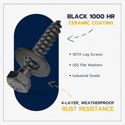 3/8 x 1-1/2 (50 Pack) Lag Screw Kit, 50 Screws and 50 Washers, Ceramic Black Ruspert Coating for Exterior Use, Meets ASTM A307 and ASME B18.2.1, Industrial/Commerical Grade by Makers Bolt