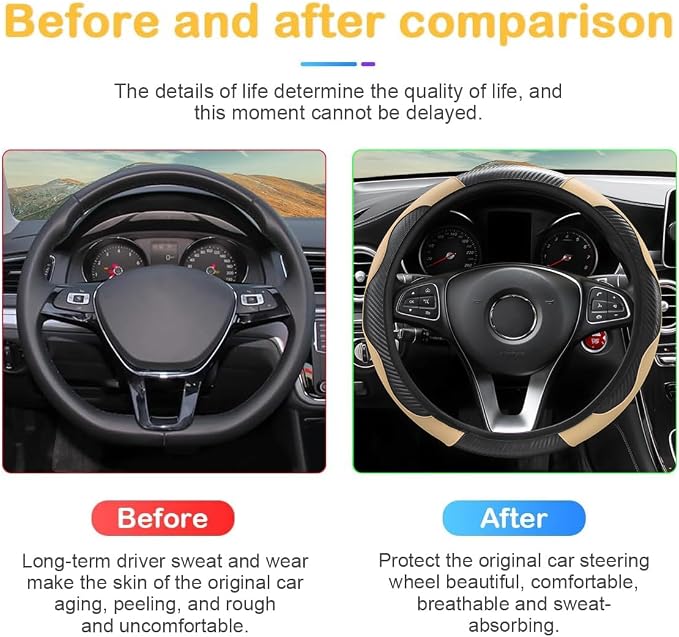 Osilly Car Steering Wheel Cover, 15 inch Carbon Fiber Microfiber PU Leather Elastic Steering Wheel Protector for Men Women, Anti-Slip Breathable Car Interior Accessories for Most Cars (Black/Beige)
