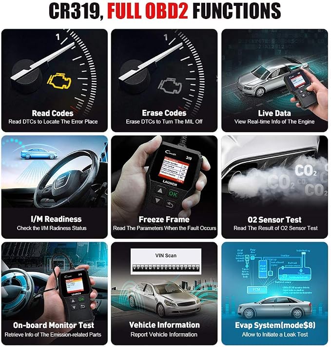 LAUNCH OBD2 Scanner Engine Fault Code Reader, CR319 Code Reader Scanner, CAN Diagnostic Scan Tool Supports DTC Lookup, Mode6 O2 Sensor for OBDII Protocol Cars Since 1996 Black