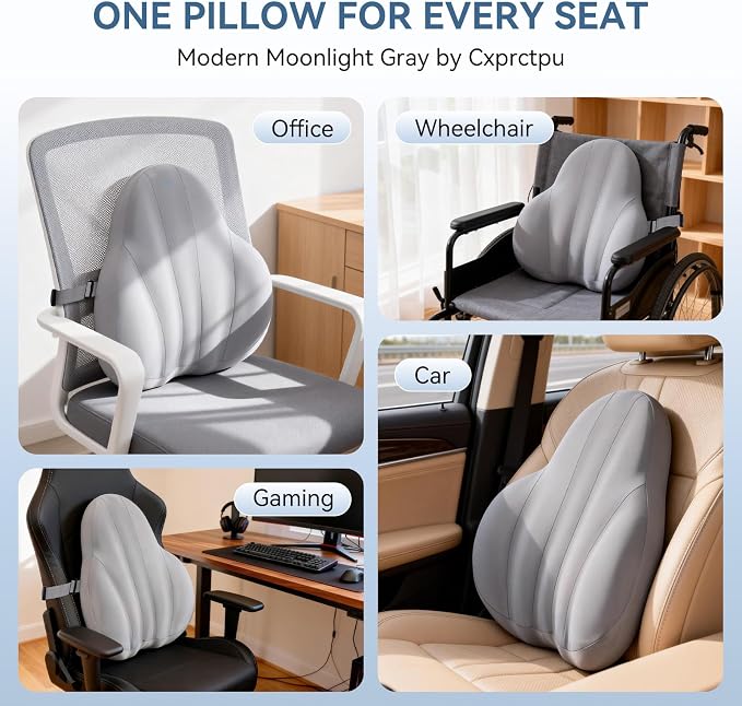 Large Lumbar Support Pillow for Office Chair, Ergonomic Low Back Support Promotes Back Pain Relief, Memory Foam Lumbar Pillow Cushion for Car, Sofa, Adjustable Strap Breathable Cover, Grey