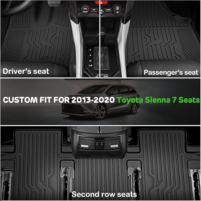 Floor Mats for 2013-2020 Toyota Sienna Only 7 Seats Upgrade Trunk Mat All Weather TPE Floor Liners Fit for 2020 Sienna 1st & 2nd & 3rd Row and Cargo Liner Anti-Slip Full Set Car Mats