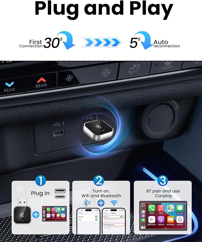 Wireless CarPlay Adapter for iPhone Wired Carplay to Wireless，Mini USB Design for Cars Automatic Connection 5.4WIFI Plug &Play for 2016+ Car