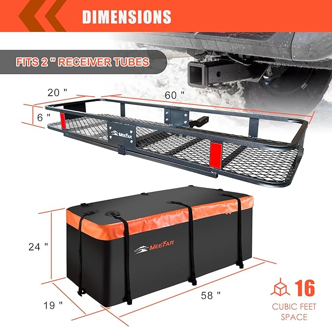 Hitch Mount Cargo Carrier Basket 60"*20"*6"+Waterproof Bag 16 Cubic Feet(58"*19"*24"),and Cargo Net with Attachment Hooks,Ratchet Straps,Hitch Stabilizer.500 Lbs Capacity,Foldable,fit 2" Receiver