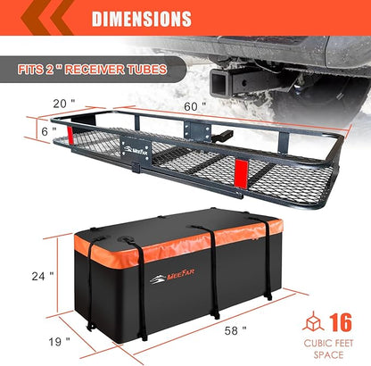Hitch Mount Cargo Carrier Basket 60"*20"*6"+Waterproof Bag 16 Cubic Feet(58"*19"*24"),and Cargo Net with Attachment Hooks,Ratchet Straps,Hitch Stabilizer.500 Lbs Capacity,Foldable,fit 2" Receiver