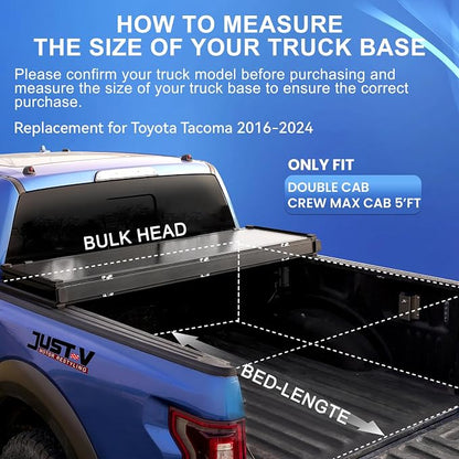 Just-V Hard Tri-Fold Truck Bed Tonneau Cover for Toyota Tacoma 2016-2023 Only Fit Cab CrewMax Cab 5FT Bed, Upgrade Solid FRP Textured Black, Requires Bracket