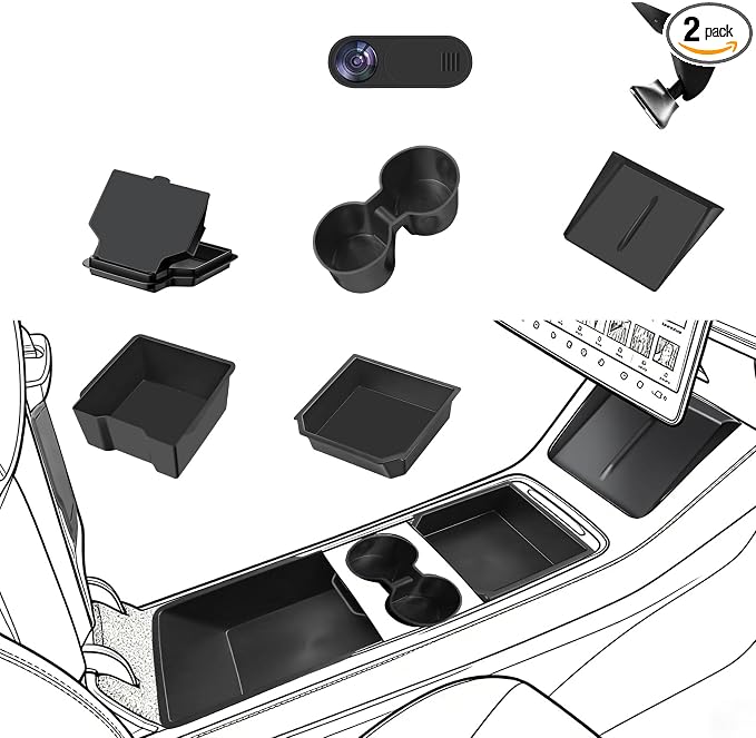 Center Console Organizer Tray for Tesla Model Y Juniper 2025-2026&Tesla Model 3 Highland 2024-2026, Black Storage Box Set with Cup Holder and Camera Cover, 2 Compartments