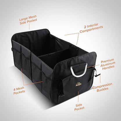 Armor All Car Trunk Organizer, Collapsible Multi-Compartment Car Organizers with Strong Aluminum Handles Foldable and Waterproof, Suitable for Any Car, SUV, Mini-Van, Black
