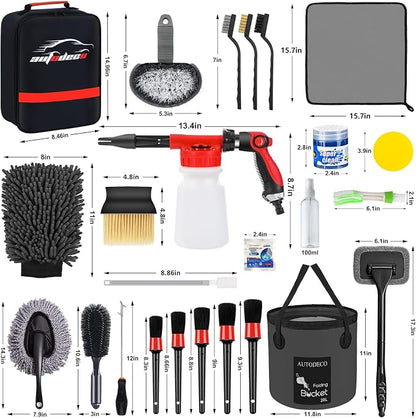 44Pcs Car Wash Detailing Kit Cleaning Kits with Foam Gun Sprayer Wash Mop with Long Handle Collapsible Bucket Large Wash Mitt Towels Complete Interior Exterior Car Washing Supply Set Black