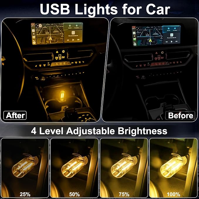 2 PCS USB Car Interior Lights, Plug-in Retro Car Atmosphere Lamps with Touch Adjustment, Portable Mini Nightlights, Universal Ambient Lighting Kits for Vehicle Interior Accessories (Yellow)