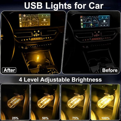 2 PCS USB Car Interior Lights, Plug-in Retro Car Atmosphere Lamps with Touch Adjustment, Portable Mini Nightlights, Universal Ambient Lighting Kits for Vehicle Interior Accessories (Yellow)