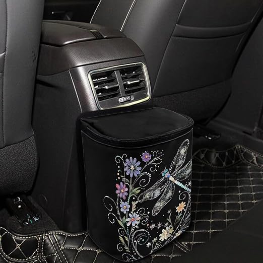 Talayituse Dragonfly Flower Print Car Trash Can with Lid, Leak Proof Auto Trash Bag Hanging Vehicle Garbage Can Multipurpose Storage Container for Back Seat Road Trip
