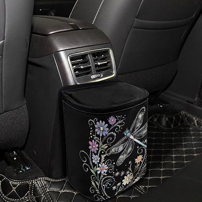 Talayituse Dragonfly Flower Print Car Trash Can with Lid, Leak Proof Auto Trash Bag Hanging Vehicle Garbage Can Multipurpose Storage Container for Back Seat Road Trip