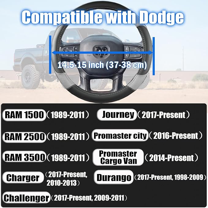 Steering Wheel Cover for Dodge 1989-2011 RAM 1500 2500 3500, Charger, Durango, Challenger - Rugged Durability & Interior Upgrade for Dodge 14.5-15 inch (Gray-Standard Size)