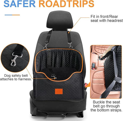 XIEEAOZEE Dog Car Seat for Small Dogs, Memory Foam Booster Dog Seat for Dogs up to 35 lbs, Elevated Pet Car Seat with Washable Removable Cover, Storage Pockets (Black)