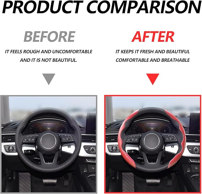 2pcs Universal Fit Carbon Fiber Steering Wheel Cover, Anti-Skid Steering Wheel Cover/Segmented Steering Wheel Protector/Car Interior Accessories (red)