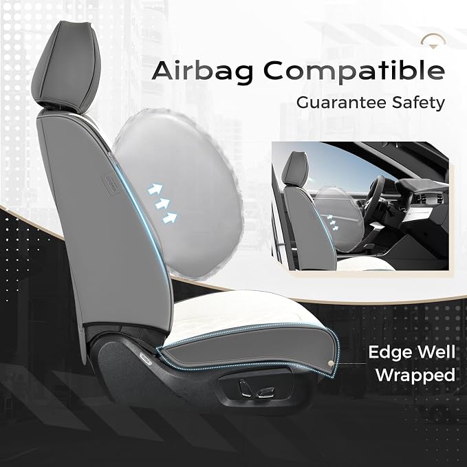 Coverado Front and Back Seat Covers for Cars, 5 Seats Automotive Seat Covers, Faux Leather Car Seat Covers Seat Protectors Car Seat Cushion Carseat Cover Universal Fit for Most Cars Truck - Gray&White