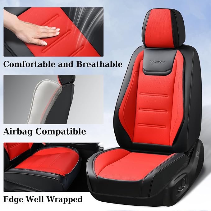 Coverado Car Seat Covers Full Set, Seat Covers for Cars, Car Seat Protector Waterproof, Leather Cushion, Universal Car Interior Covers Seat Protectors for Most Cars Black-Red