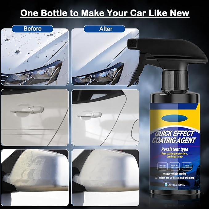 Quick Effect Coating Agent for Car - Hydrophobic Ceramic Coating Spray for Car with UV Protection, Water Beading Paint Protection, Deep Gloss Shine, Long Lasting Polish Spray Wax - 120ml