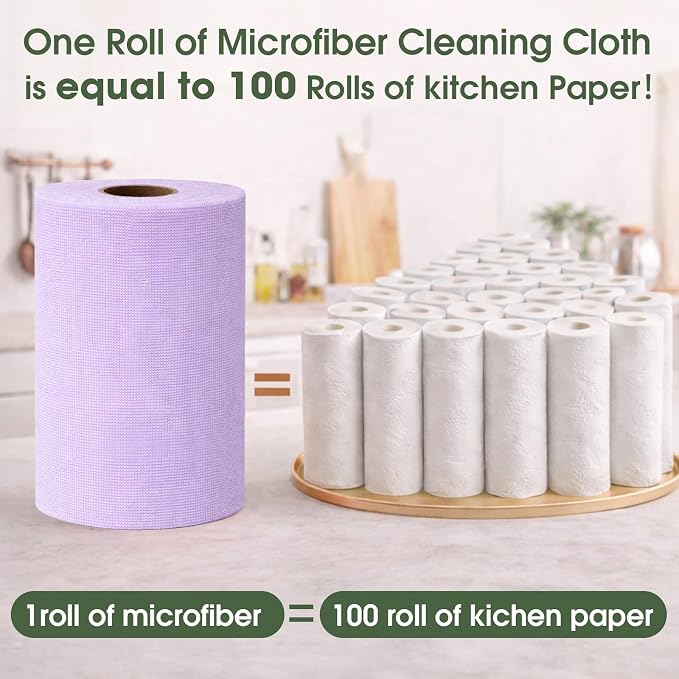 Microfiber Cleaning Cloth Roll - 100 Pack Tear Away Microfiber Paper Towels, Reusable, Washable, Scratch-Free, Kitchen Towels for Car, Home, Kitchen, Glass, Dishes (Light Purple)