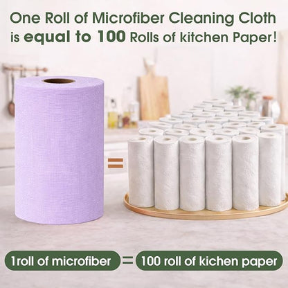 Microfiber Cleaning Cloth Roll - 100 Pack Tear Away Microfiber Paper Towels, Reusable, Washable, Scratch-Free, Kitchen Towels for Car, Home, Kitchen, Glass, Dishes (Light Purple)