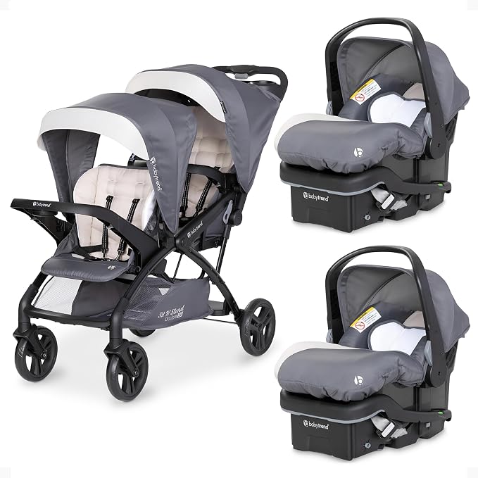 Baby Trend Sit N' Stand Double Stroller w/ 2 Pack EZ-Lift Plus Infant Car Seats, Magnolia - Lightweight Tandem and Travel Stroller with Carseat System for Toddlers