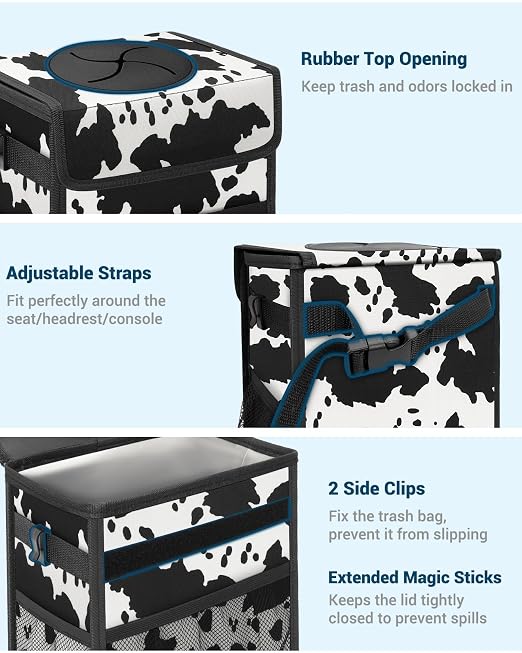 Capolo Car Trash Can with Lid, Leakproof Car Trash Bag Hanging Waterproof Automotive Garbage Can with Storage Pockets Mini Vehicle Trash Bin for Back/Front Seat(Cow Print,2.5 Gallon)