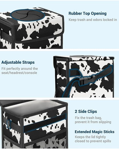 Capolo Car Trash Can with Lid, Leakproof Car Trash Bag Hanging Waterproof Automotive Garbage Can with Storage Pockets Mini Vehicle Trash Bin for Back/Front Seat(Cow Print,2.5 Gallon)