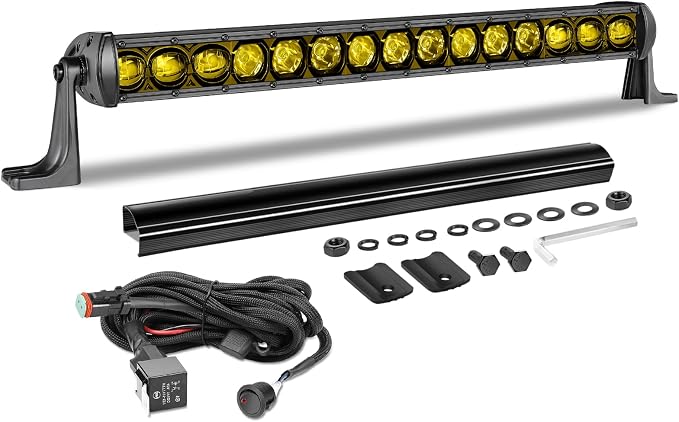 20 Inch Amber Light Bar 105W OSRAM LED Slim Single Row Light Kit w/Wiring Harness Black Cover Spot Flood Combo Off Road Driving Bumper Grill Lights for Trucks Pickup SUV UTV ATV Snowmobile