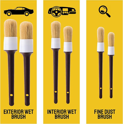 Car Detailing Brush Set 6-Pack - Soft Boar Hair Interior & Exterior Detailing Kit - Car Interior Cleaning Brushes for Leather, Piano Black Trim, Dashboards, Wheels and Engine Bay - Detail Dudes