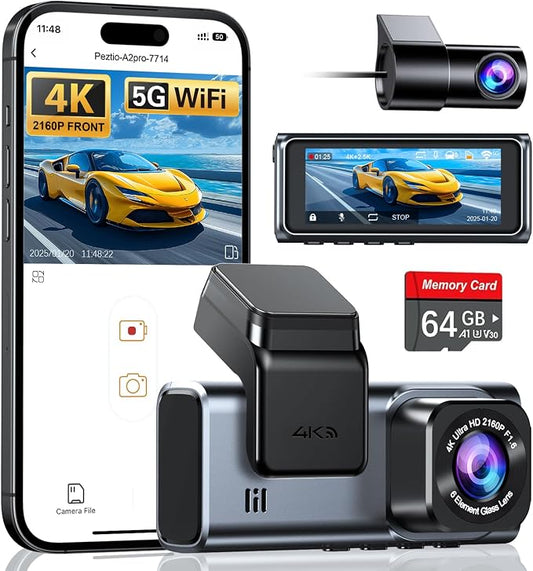 Navycrest 4K+2.5K WiFi Dash Cam Front and Rear, Built-in 5G WiFi, Free 64GB Card, Dash Camera for Cars, Dual Dashcam, G-Sensor, 24/7 Parking Mode, 3'' IPS Screen, Loop Recording, WDR Silver
