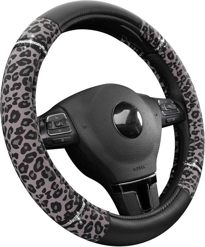 Road Comfort Leather Steering Wheel Cover – Premium Anti-Slip Car Steering Wheel Grip Cover – Universal Fit for 14.5”–15” Cars, Trucks & SUVs - Leopard Pattern