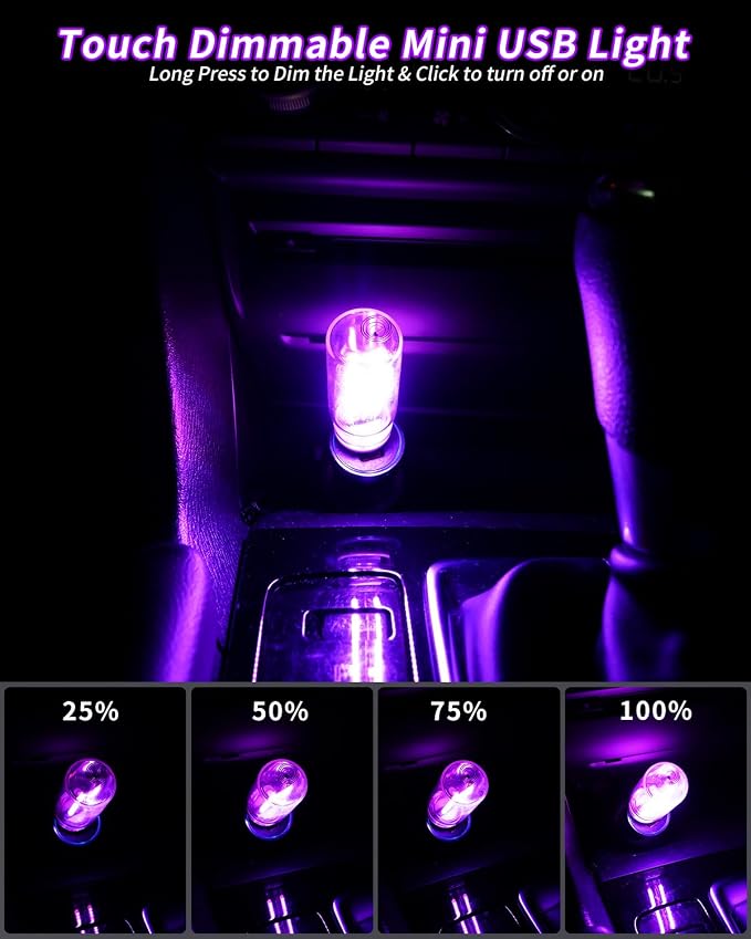 USB Light Touch Dimmable Retro USB Led Lights for Car,Mini USB Light Bulb Ambient Lighting for Car Bedroom Party Christmas Hallway Camping,Purple 2Pack
