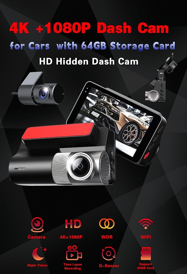 4K Dash Cam Front and Rear, G-Sensor, Free 64GB Card Included, 5.8GHz WiFi with Dash Camera for Cars, Time-Lapse Recording, 3" HD IPS, 24H Parking Mode,Night Vision