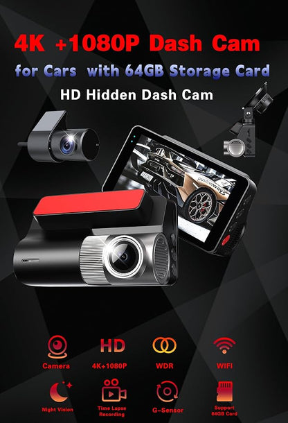 4K Dash Cam Front and Rear, G-Sensor, Free 64GB Card Included, 5.8GHz WiFi with Dash Camera for Cars, Time-Lapse Recording, 3" HD IPS, 24H Parking Mode,Night Vision