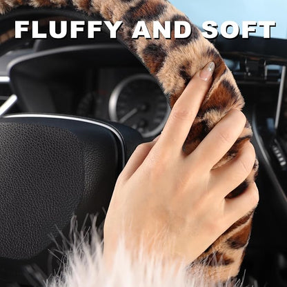 SEG Direct Furry Car Steering Wheel Cover with Gear Shift Cover, Soft and Warm, Cute Fluffy Auto Decor for Women Men, Standard Size, 2 PCS Set, Brown Leopard