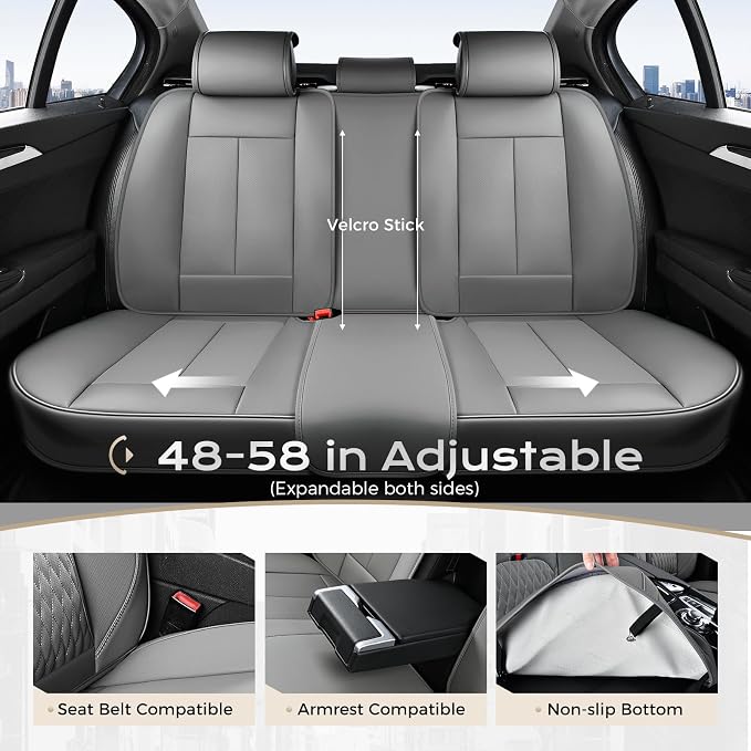 Coverado Car Seat Covers Full Set, Automotive Seat Cover with Lumbar Support, Nappa Leather Seat Cover for Cars, Waterproof Car Seat Protector, Car Seat Cushion Universal Fit for Most Vehicles (Gray)