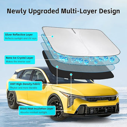 Windshield Sun Shade for Kia K4 2025 2026 Sunshade 300T Windshield Cover Shield Protector Blocks UV Rays Custom Fit K4 Front Window Shades Windshield Accessories Keep Cool Foldable